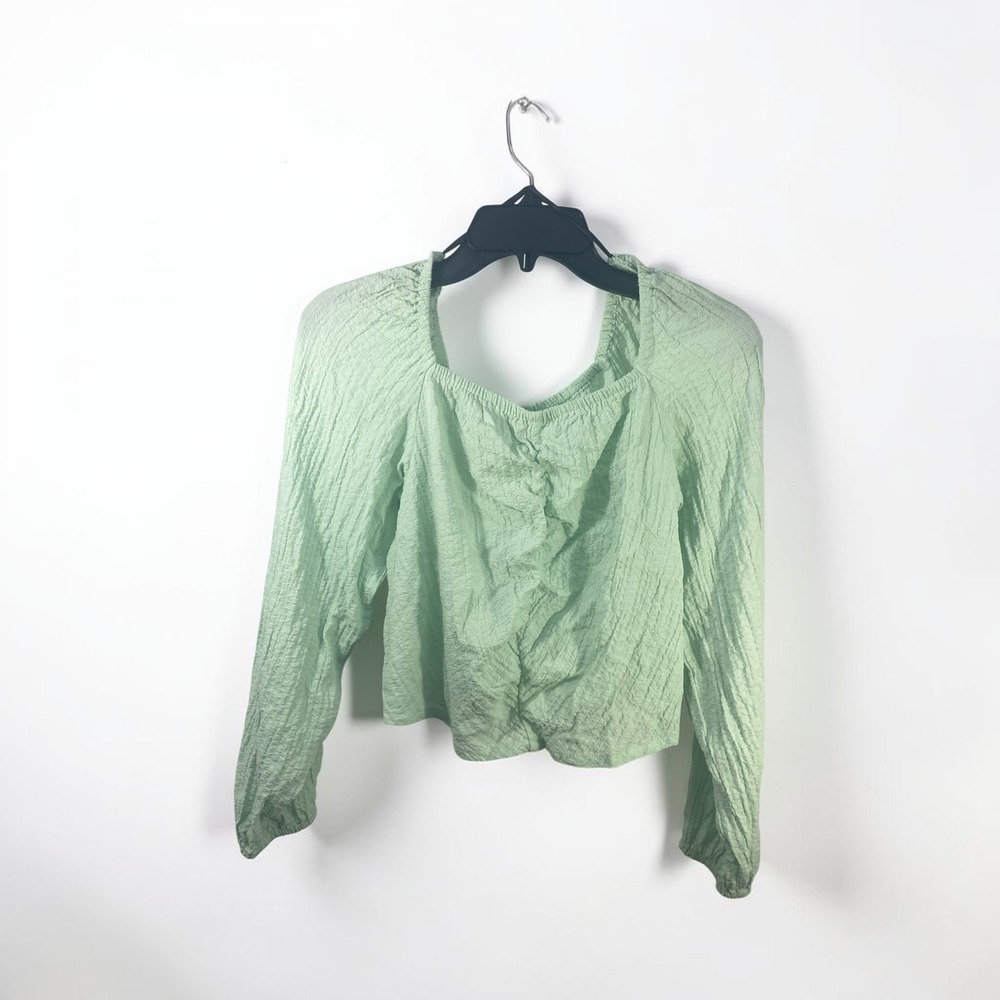H&M Mint Green Crinkle Ruched Square Neck Long Sleeve Top US 20 Kids 14Y+